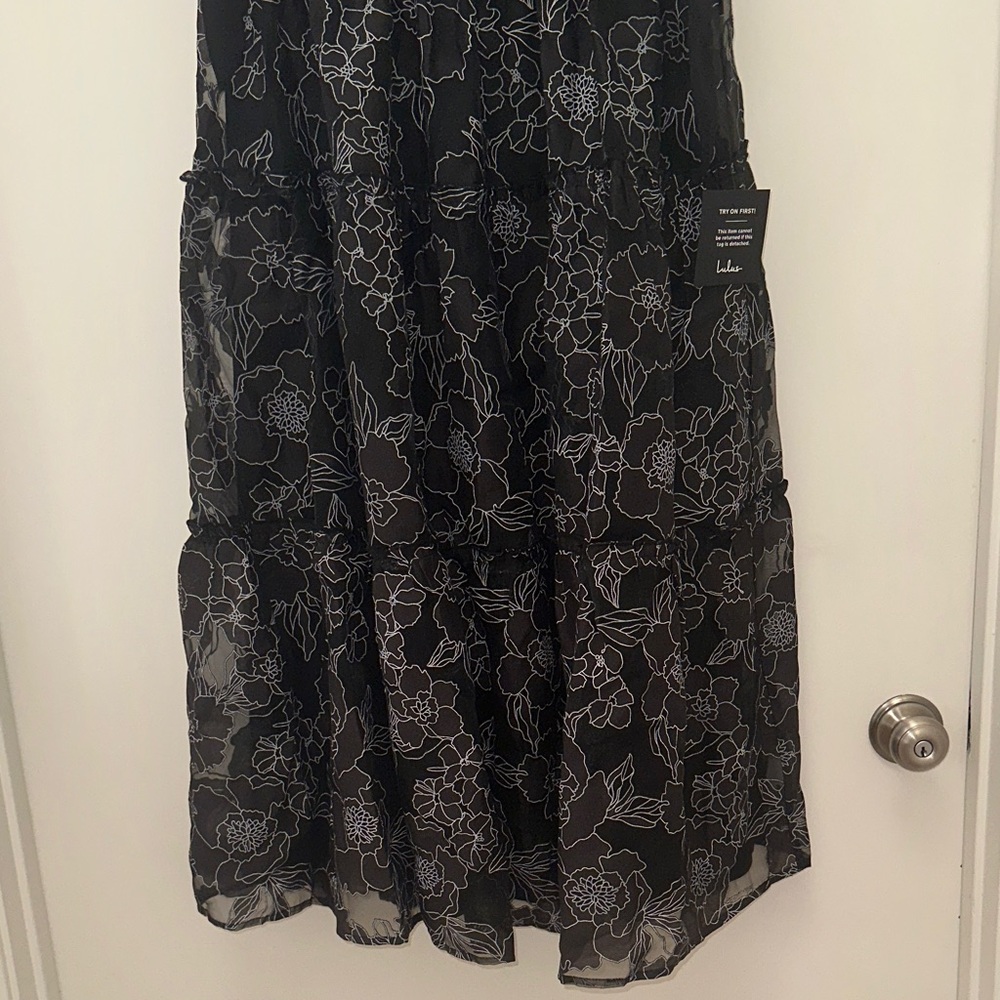 Lulu's Black Midi Dress with White Floral Embroidery and Tie Shoulders - Picture 8 of 13